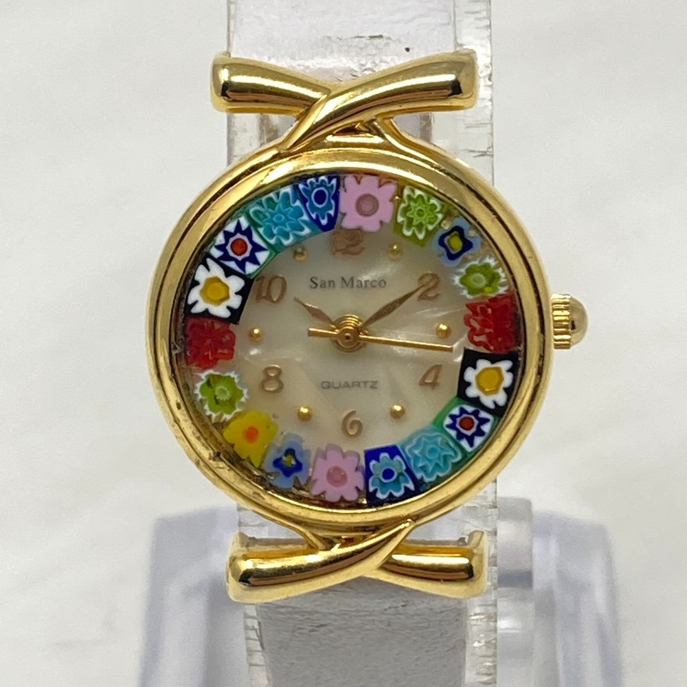 San Marco Millefiori Watch Women 22mm Gold Tone Rainbow MOP Murano New Battery